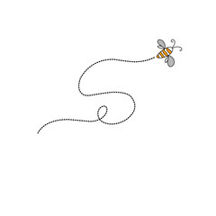 Cartoon bee flying on a dotted route line