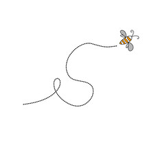 Cartoon bee flying on a dotted route line