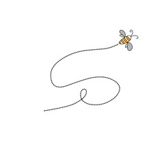 Cartoon bee flying on a dotted route line