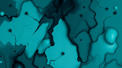 Abstract modern art composition featuring fluid shapes and vibrant teal and dark turquoise colors