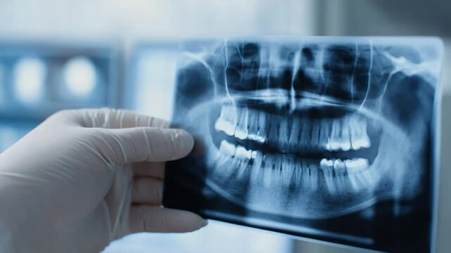 X-ray and Dentistry: A detailed close-up captures a gloved hand expertly holding a detailed panoramic x-ray of a patient's teeth, perfect for dental clinics and medical visualizations.