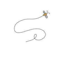 Cartoon bee flying on a dotted route line