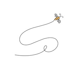 Cartoon bee flying on a dotted route line