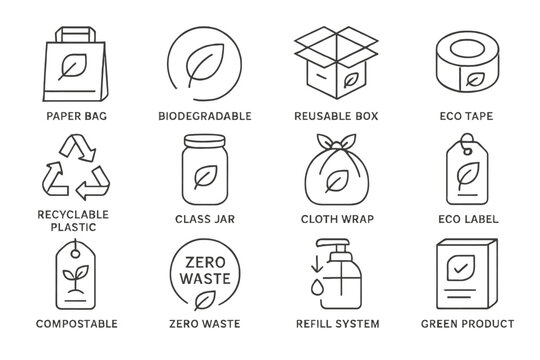 Eco-friendly packaging icons: zero waste, reusable, biodegradable solutions