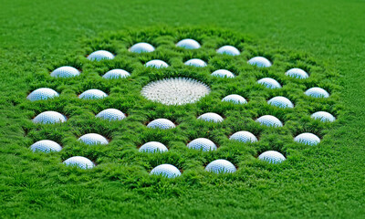 Collage golf target, metaphor. Golf course with balls in holes of green lawn. Sports banner. Playground.