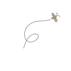 Cartoon bee flying on a dotted route line