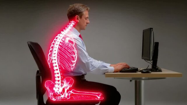 Correct Posture at Work: Maintaining good posture while working at a desk, preventing back pain and promoting health.