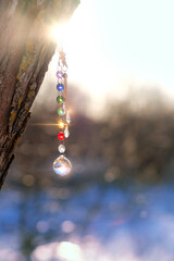sun catcher crystal prism close up outdoor, abstract nature background. Magic Ritual, healing practice with crystals for positive spirit, harmony, calming, productive the mind. reiki therapy