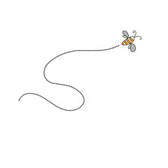 Cartoon bee flying on a dotted route line