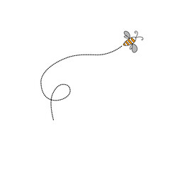 Cartoon bee flying on a dotted route line