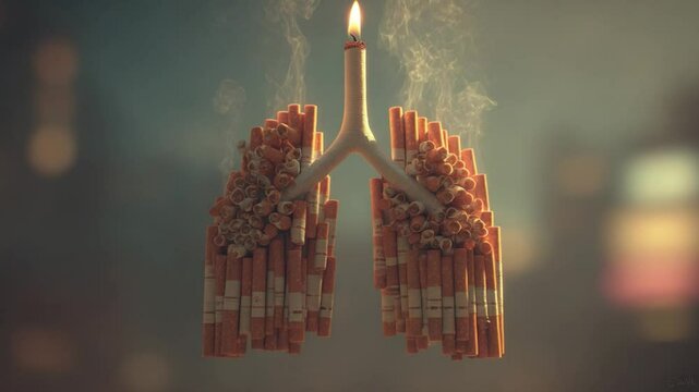Smoking's Deadly Embrace: A conceptual image depicting the harmful effects of smoking, where cigarettes are arranged to resemble a pair of lungs, with a candle flame burning at the top.