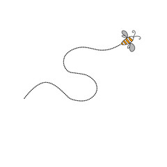 Cartoon bee flying on a dotted route line