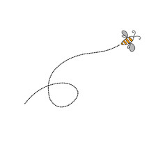 Cartoon bee flying on a dotted route line