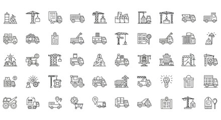 Obraz premium Diverse collection of outlined construction and transport icons including cranes and trucks
