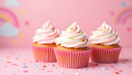 Three beautifully decorated cupcakes with swirls of frosting and sprinkles on a soft pink background.
