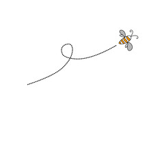 Cartoon bee flying on a dotted route line