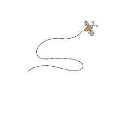 Cartoon bee flying on a dotted route line