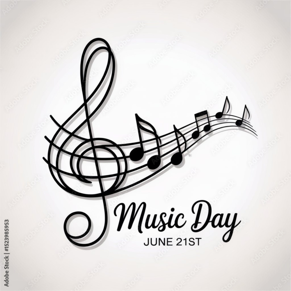 Fototapete world music day in june 21 simple vector with treble clef sign and musical notes. one continuous lin