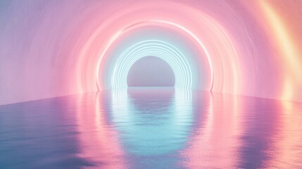 Pastel Neon Arch Tunnel with Reflective Water for Futuristic Background