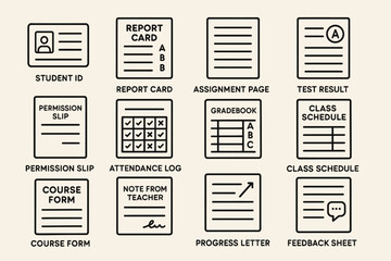 Set of educational and administrative icons for school documents