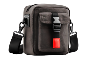 Small Black and Gray Shoulder Bag Isolated with Red Detail on Transparent Background