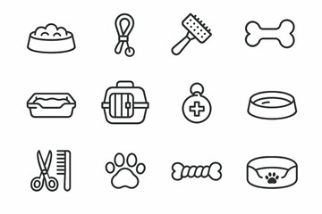 Pet supplies outline icon set with pet bowls and accessories