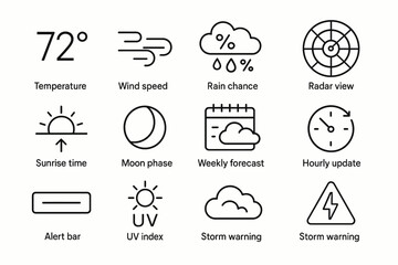 Weather icons set: temperature, wind, rain, radar, sunrise, moon phase, forecast