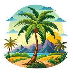 Tropical island paradise: sun-kissed beach with palm trees, blue ocean, and summer vacation vibe