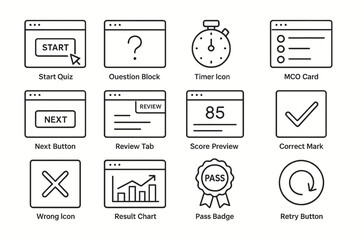 Set of user interface icons for quizzes and assessments