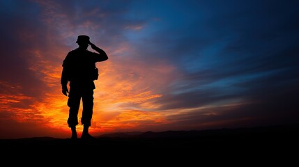 Soldier salutes at sunset, embodying honor and sacrifice.