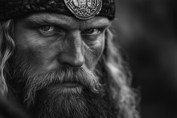 Portrait of Viking king konung in black and white close up..