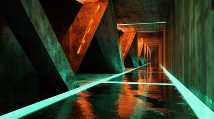 Neon Green and Orange Geometric Corridor Reflection for Futuristic Design
