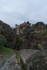 Landscape of the famous rock formations of Meteora with Varlaam Monastery on top of the rocks, Kalambaka, Thessaly, Greece