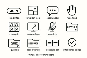 Virtual classroom ui icons: communication, interaction, organization