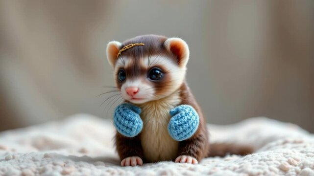 Tiny female ferret exploring a lush green field under bright blue sky on a sunny day