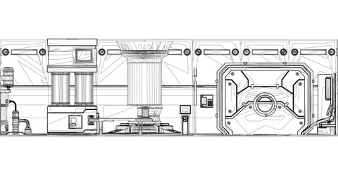 Futuristic, modular machine with robotic arms and precision components. It features systems, control panels, mechanical joints, designed for advanced automation in a sci-fi lab environment.