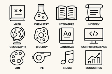 Educational icons set: math, chemistry, literature, history, art, music