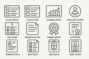 Online education icons: course library, quiz panel, progress chart, certificate
