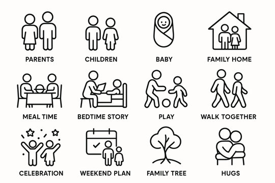 Family activities icons: parents, children, baby, home, meals, playtime, planning