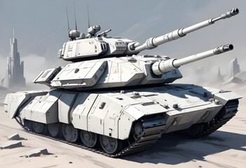 digital painting A futuristic white and gray tank