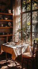 Sunlit Rustic Breakfast Nook with Tea Set and Greenery