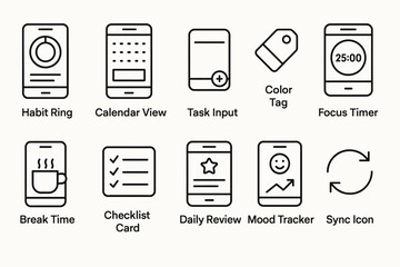 Minimalist productivity app icons for habit tracking and time management