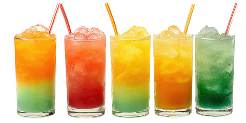 Refreshing colorful summer drinks in glasses with ice cubes and straws perfect for a hot sunny day tropical cocktails red fun bar cold cool menu food on transparent background