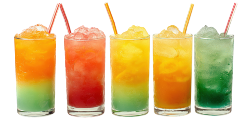 Refreshing colorful summer drinks in glasses with ice cubes and straws perfect for a hot sunny day tropical cocktails red fun bar cold cool menu food on transparent background