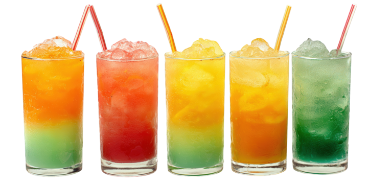Refreshing colorful summer drinks in glasses with ice cubes and straws perfect for a hot sunny day tropical cocktails red fun bar cold cool menu food on transparent background