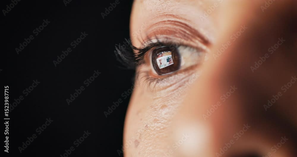 Poster reading, closeup and eyes of person at night on computer for research, online project and article. f