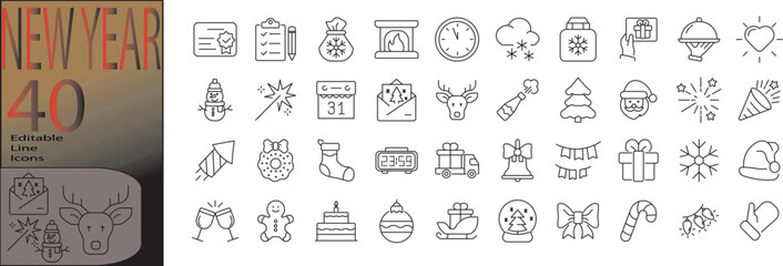 new year line editable icon set. Editable stroke. Vector illustration	
