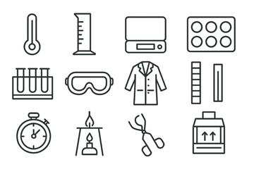 Fototapeta premium Scientific equipment icons: beaker, thermometer, safety goggles, lab coat, test tubes, stopwatch