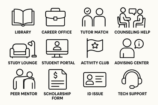 University services icons: library, career, tutoring, counseling, and more