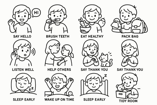 Children's daily routine: good habits and manners illustrated